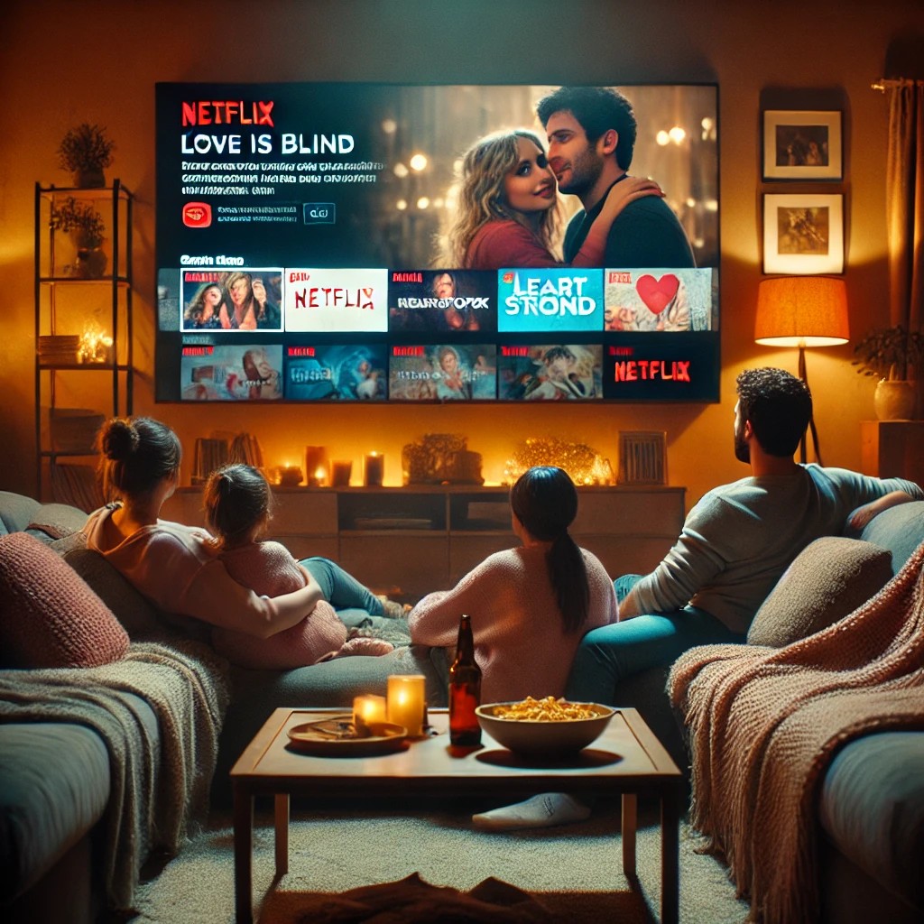 A cozy living room with a family watching TV, featuring a Netflix interface with popular shows like "Love is Blind" and "Heartstopper."