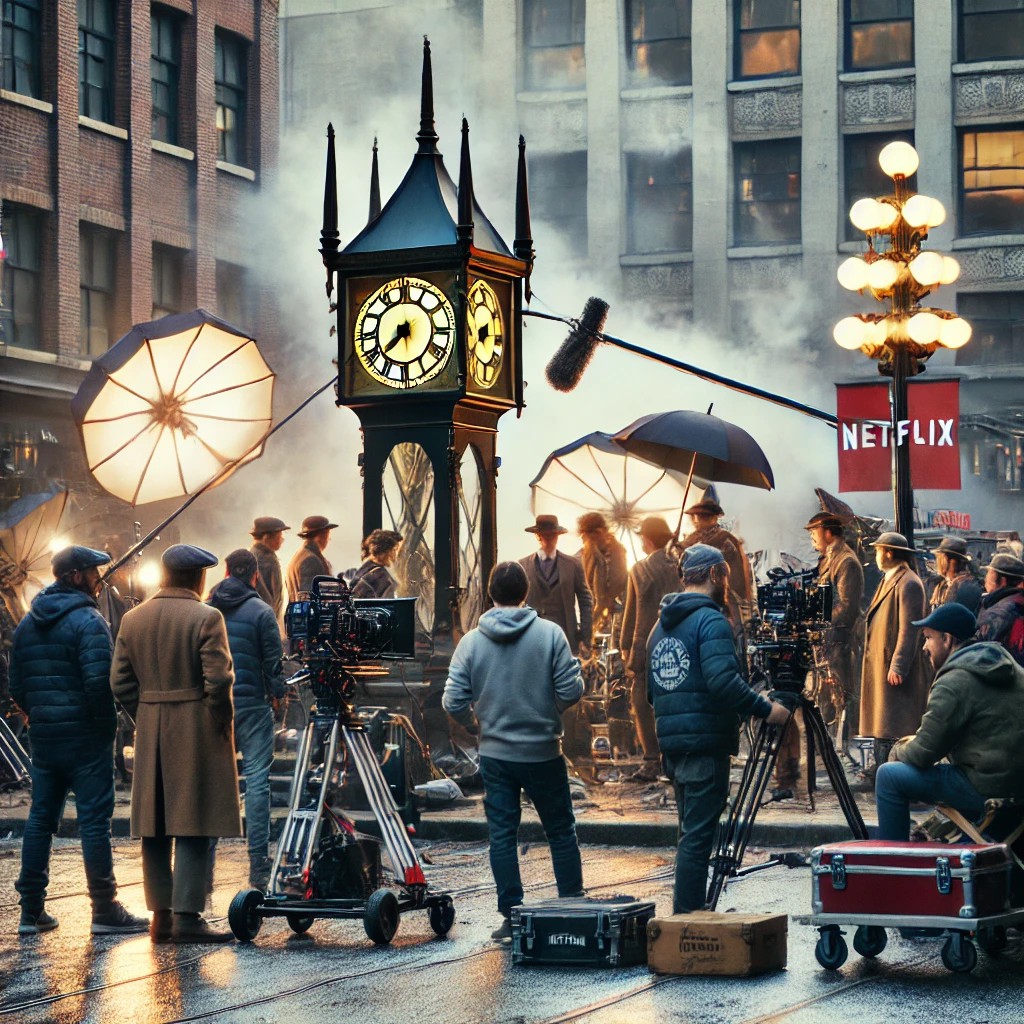 Filming set with Netflix crew and cameras capturing a dramatic scene in Vancouver's Gastown, with the iconic steam clock in the background.