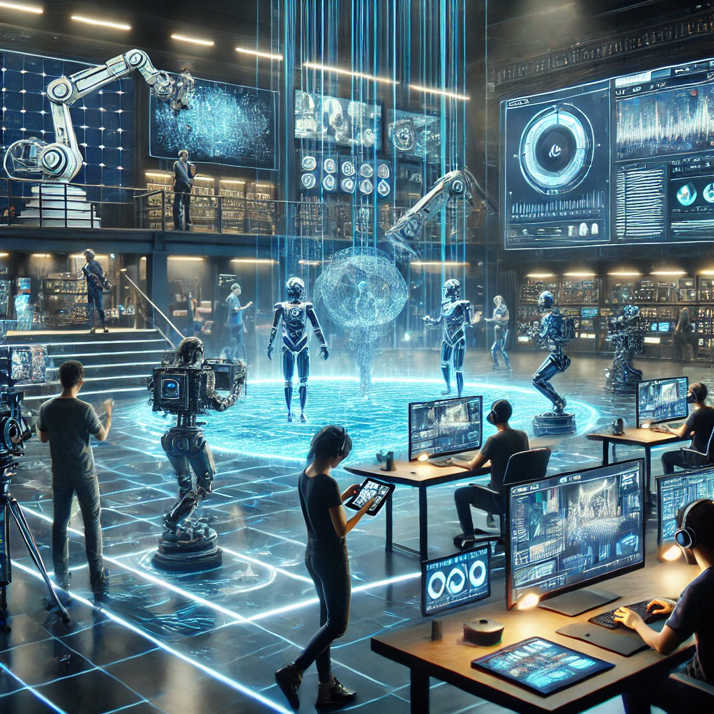 An artistic depiction of filmmakers using advanced technology and AI in a modern studio.