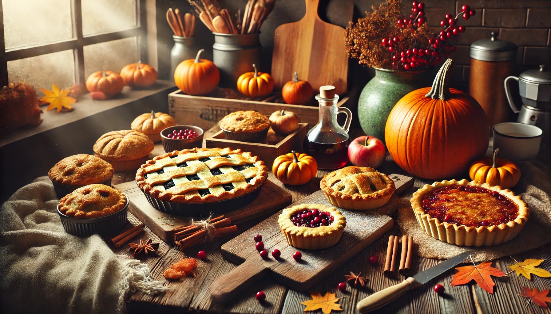 A warm kitchen setting with freshly baked pies, tarts, and cranberry scones arranged on a rustic wooden table.