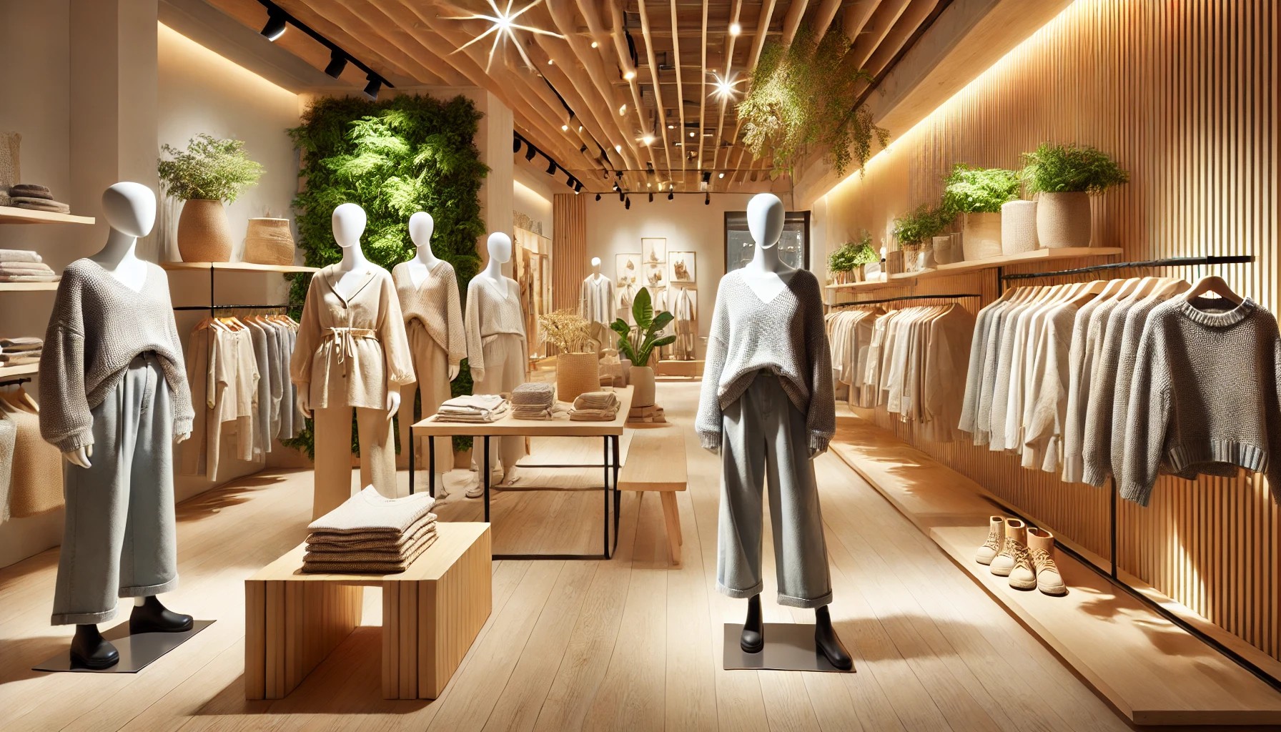 A modern retail boutique in Toronto, showcasing sustainable clothing made from recycled fabrics, with stylish mannequins and natural wood interiors.