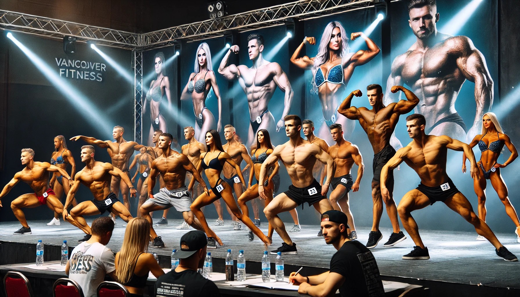 A modern fitness event in Vancouver with athletes competing in various bodybuilding and physique categories, showcasing intense competition and camaraderie