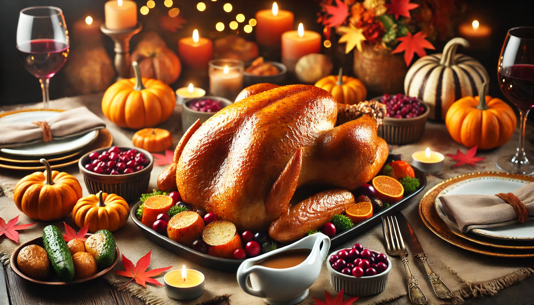 A perfectly roasted Thanksgiving turkey on a dinner table, with golden-brown skin and sides of roasted vegetables, cranberries, and gravy bowls.