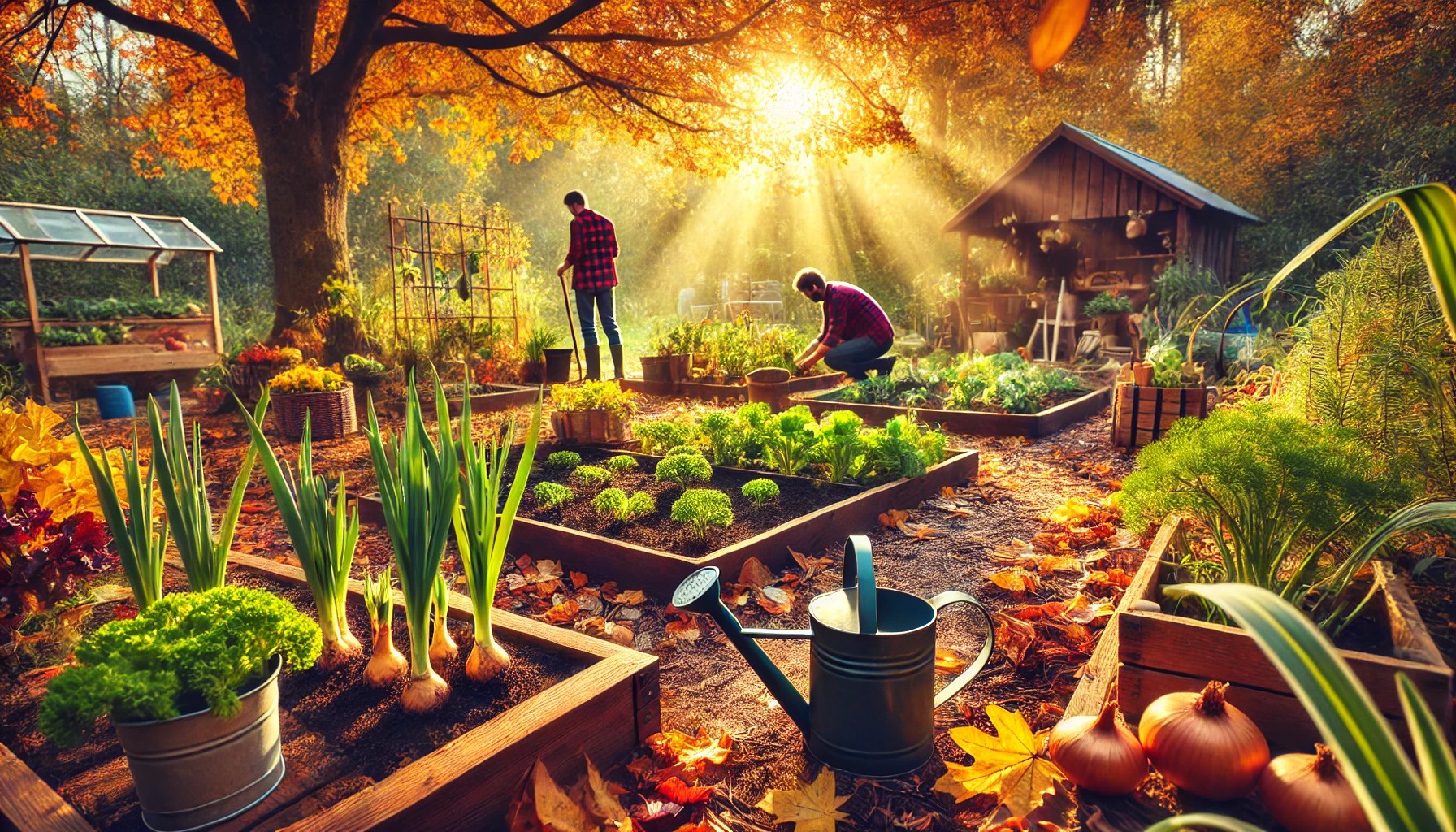 The essence of autumn gardening, with gardeners planting spring bulbs and harvesting seasonal vegetables amidst vibrant fall leaves.