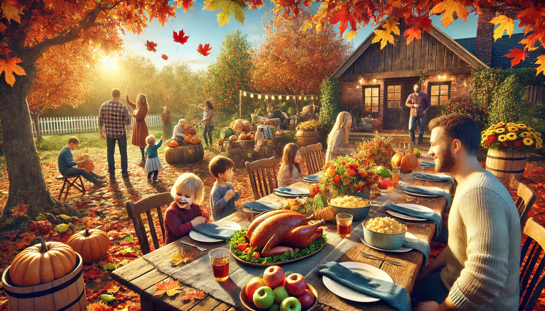 Families celebrating Canadian Thanksgiving with a feast, outdoor activities like apple picking, and children playing in the fall leaves under a bright autumn sky.