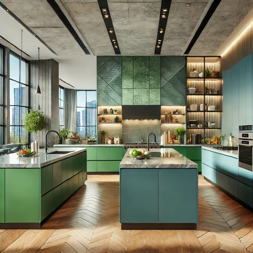 A modern kitchen featuring bold, colorful cabinetry, textured backsplashes, double islands, and integrated smart appliances with natural lighting.